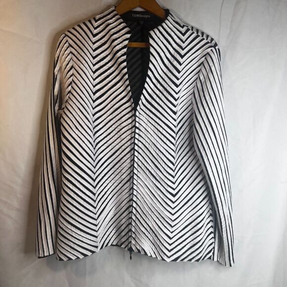 T&W Designs Chevron Mesh Peek-a-boo Striped Edgy Zip Up Jacket Size Large - Picture 10 of 10